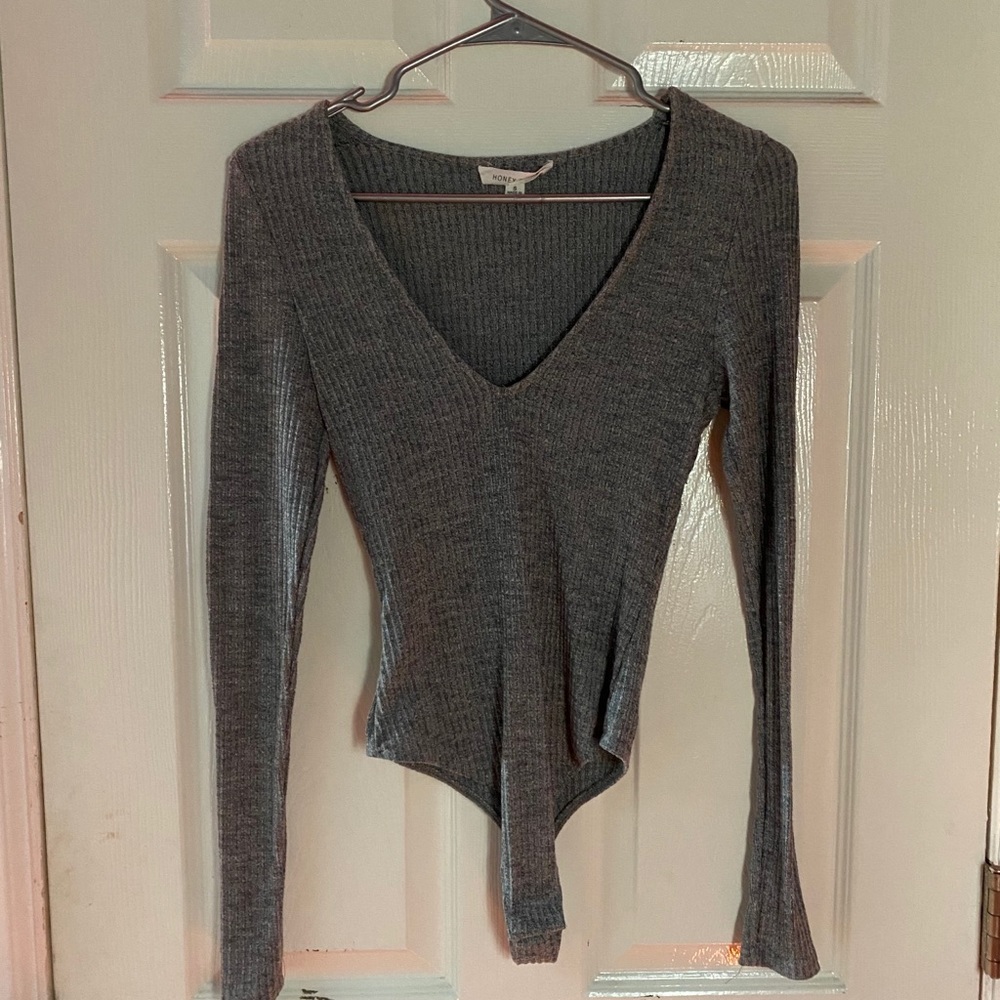 Grey V Neck Bodysuit